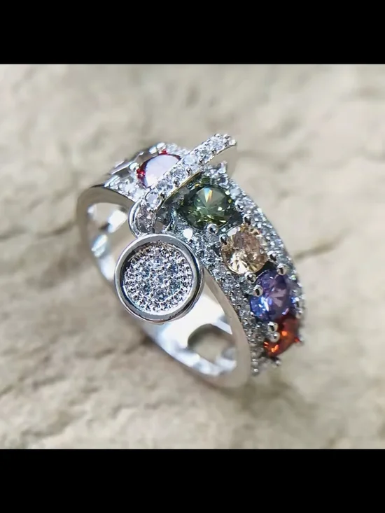 Multi-Gemstone Silver Ring with Pavé Accent - Picture 1 of 4